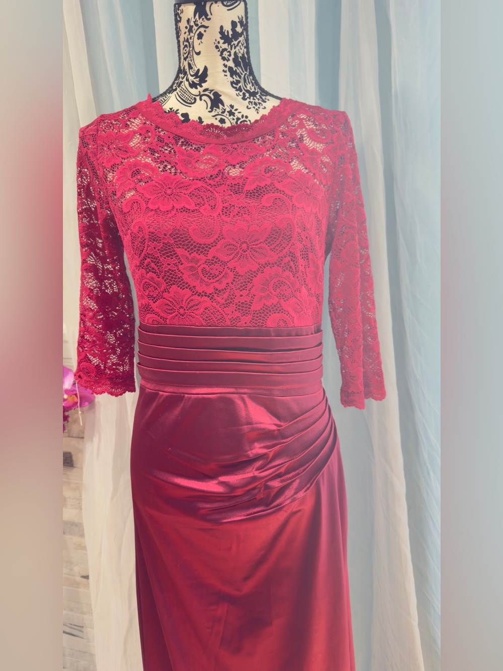 Elegant Maroon Burgundy Satin & Lace Gown - 3/4 Sleeve Maxi Dress - Size M - Picture 3 of 10